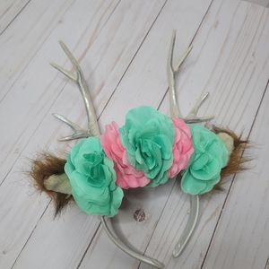 Deer antler NWT floral headband with ears. One size. Pink, teal, silver cream.